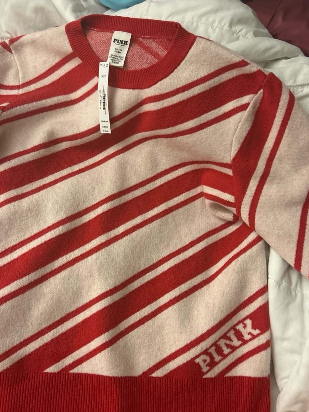 PINK Victoria's Secret Christmas Red & Pink Striped Crewneck Sweater